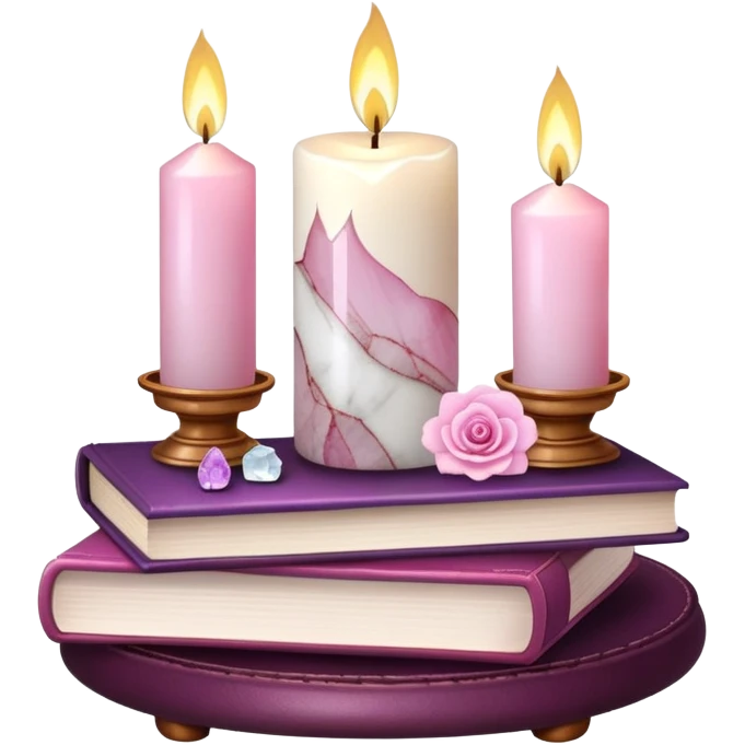 Aesthetic candles, flower petals, books, marble stand, gemstones emoji