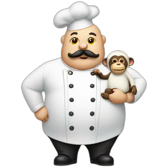 fat bald chef with mustache and monkey friend emoji