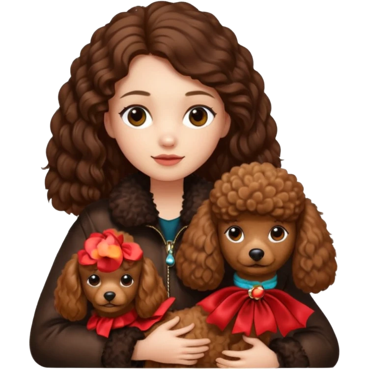 A girl who has long brown hair and wears a fur jacket holds a brown poodle emoji