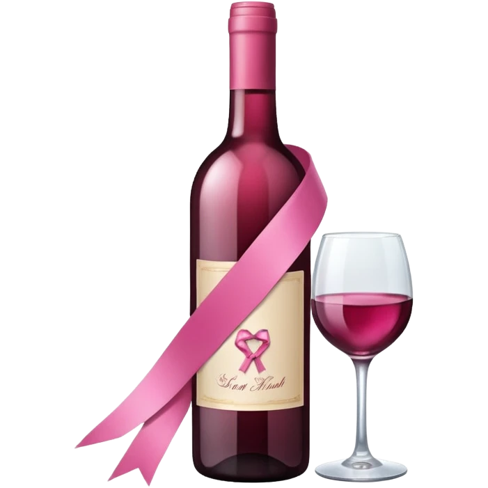 a wine bottle with a decorative pink ribbon emoji