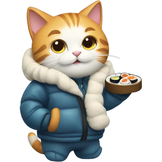 cat wearing a puffy jacket eating sushi emoji