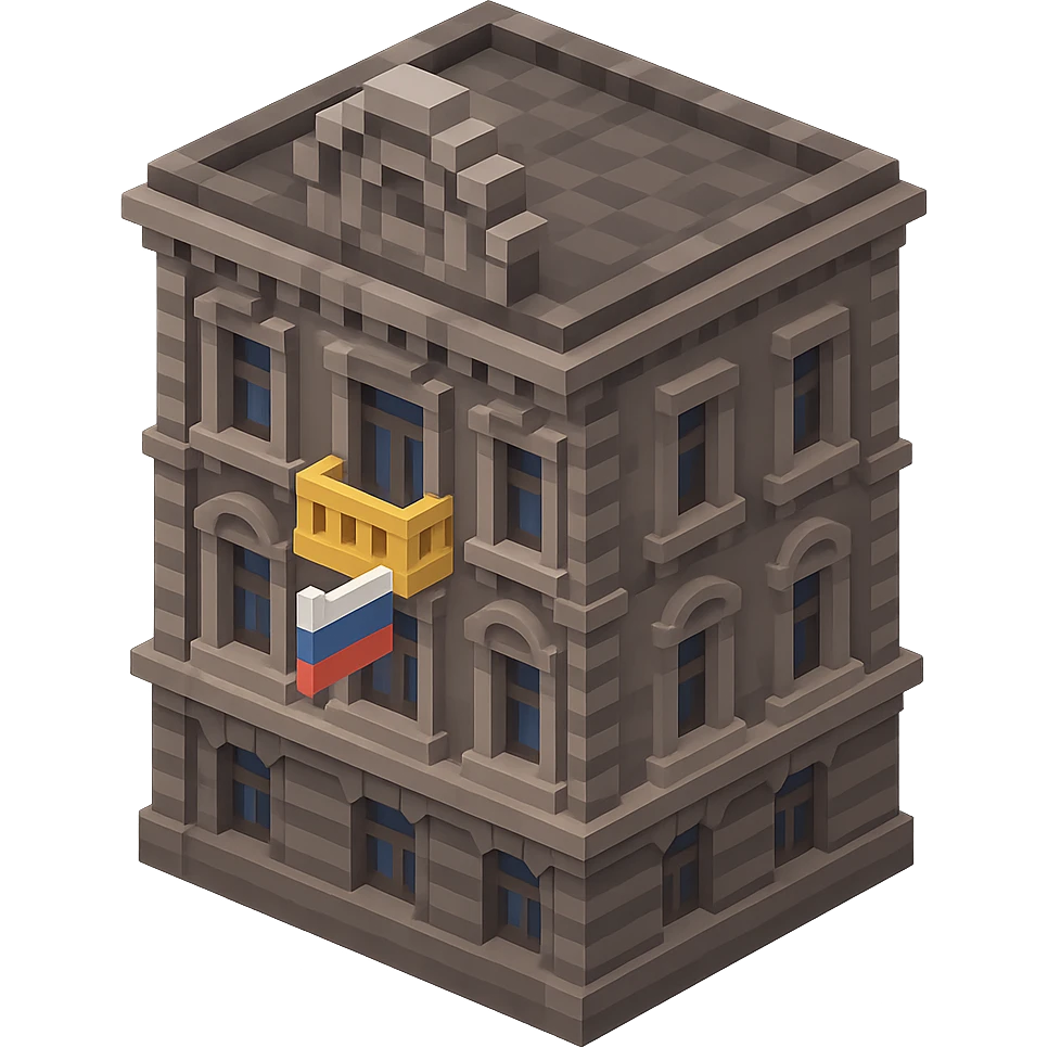 voxel style old Saint Petersburg building, gray-brown tones, ornate facade, Russian flag hanging from one window or balcony, isometric view emoji