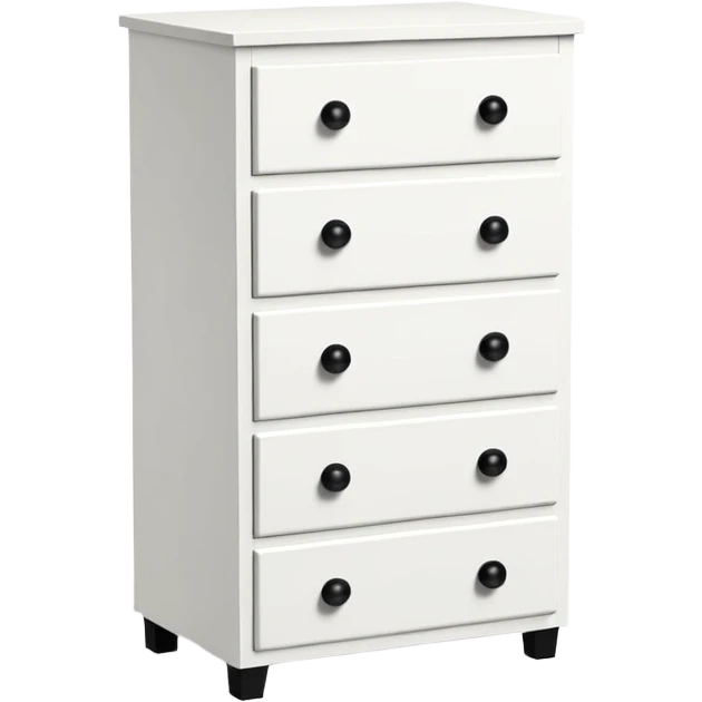 IKEA-inspired 4 feet depth white 6-drawer chest, one tiny black knob per drawer, stacked emoji