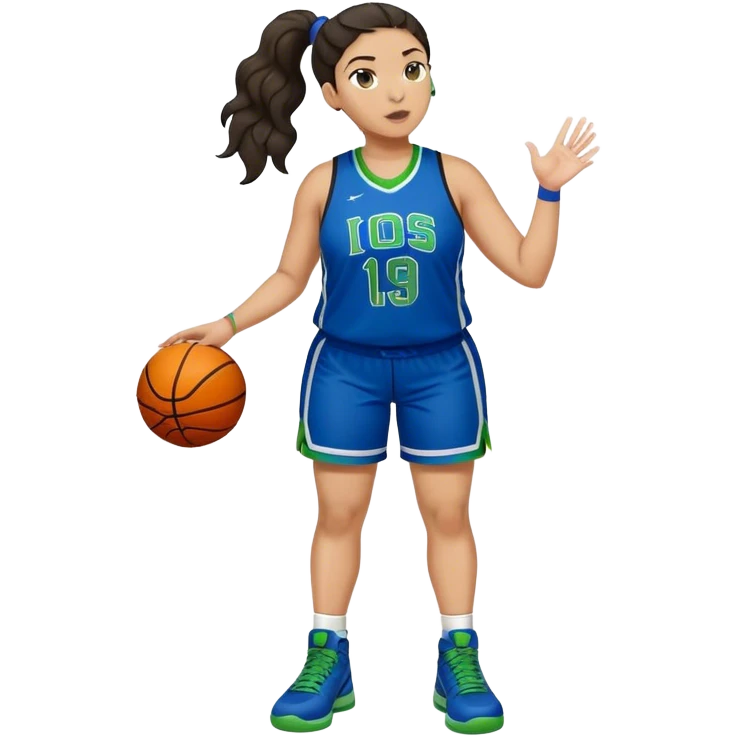 full body plus size light skin  latino women basketball player with wavy dark hair in pony tail wide nose wearing blue uniform with green accent emoji