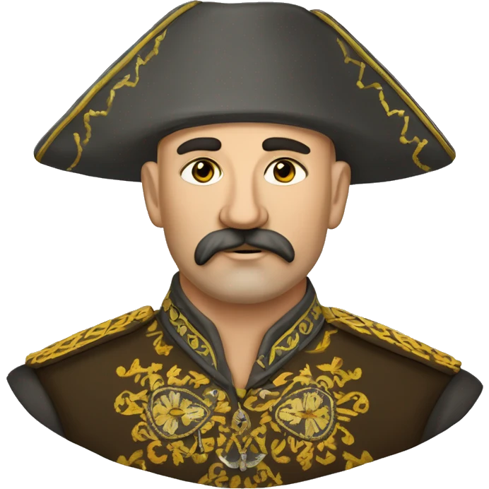 a Cossack warrior, The Cossack has a shaved head and a long strand of hair on one side. He has a thick, curved mustache and wears a gold earring in his left ear. He is wearing a simple Ukrainian embroidered shirt emoji
