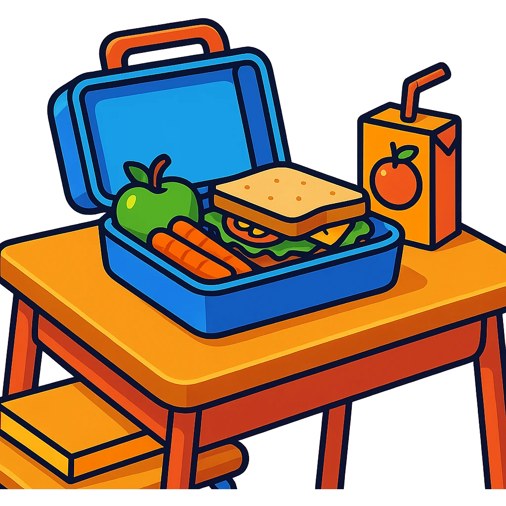 a lunchbox with food on a school desk, cheerful style emoji