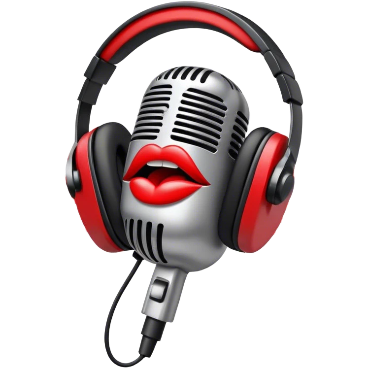 Create a dynamic and energetic emoji that represents beatboxing. The design should feature a stylized microphone with lips and sound waves emanating from it, symbolizing vocal percussion and rhythm. Add elements like headphones or a subtle speaker to emphasize the music production aspect. Use bold colors like black, white, and red to convey the intensity and creativity of beatboxing. The background should be transparent. emoji