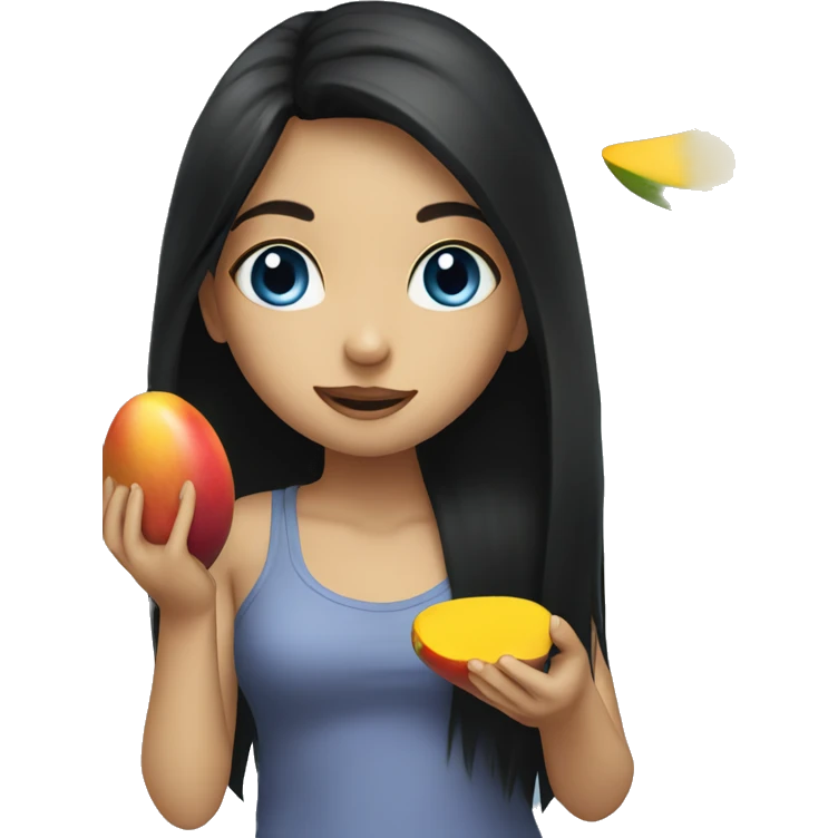 Girl with blue eyes and long black hair eating mango  emoji