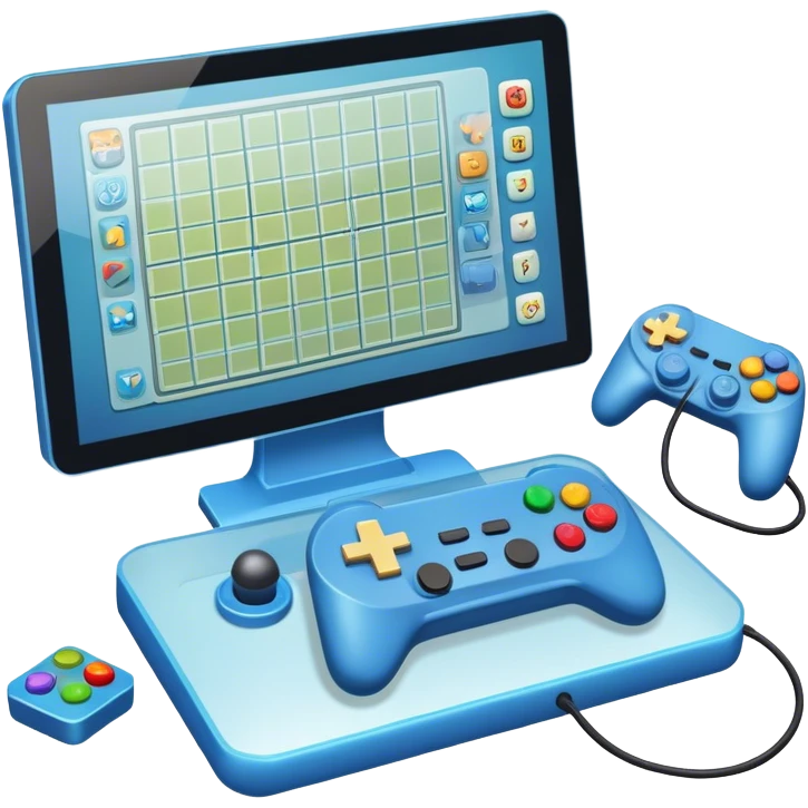 Icon for Game Design: a computer screen with a game interface, game controller, and design elements like a grid and 3D models. Transparent background. emoji