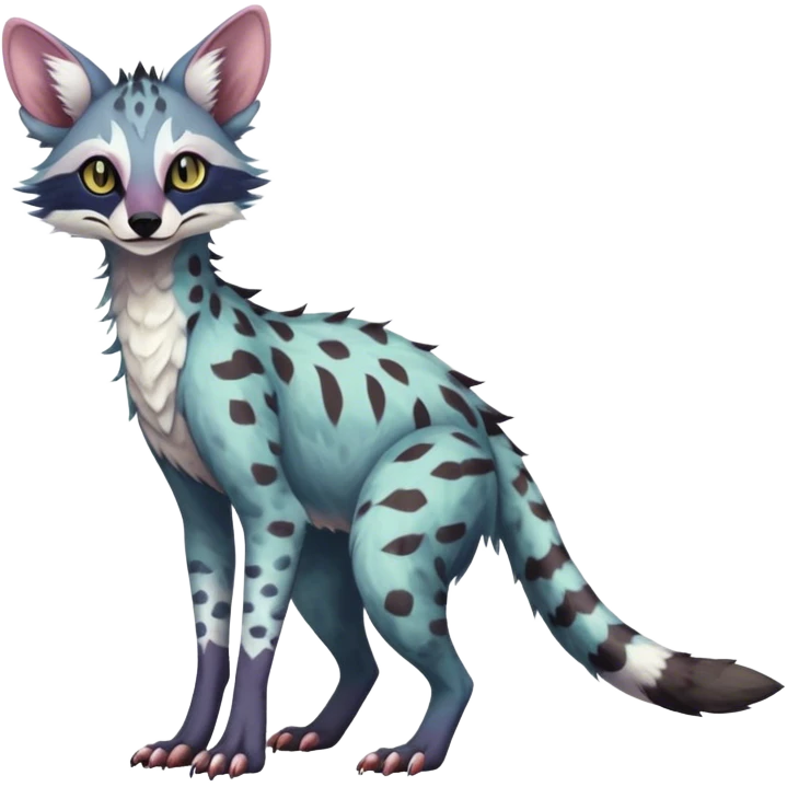 Feral Rare Fantasy dark colorful pastel vibrant tropical Vernid-Sergal-Genet-Trico-species by LiLaiRa, random markings, tufted tail, tufted ears, full body emoji