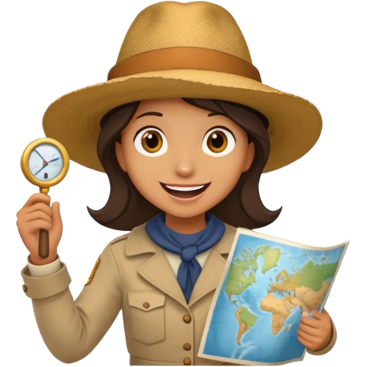 A curious explorer with wide hat, map in hand, and excited adventurous smile.
 emoji
