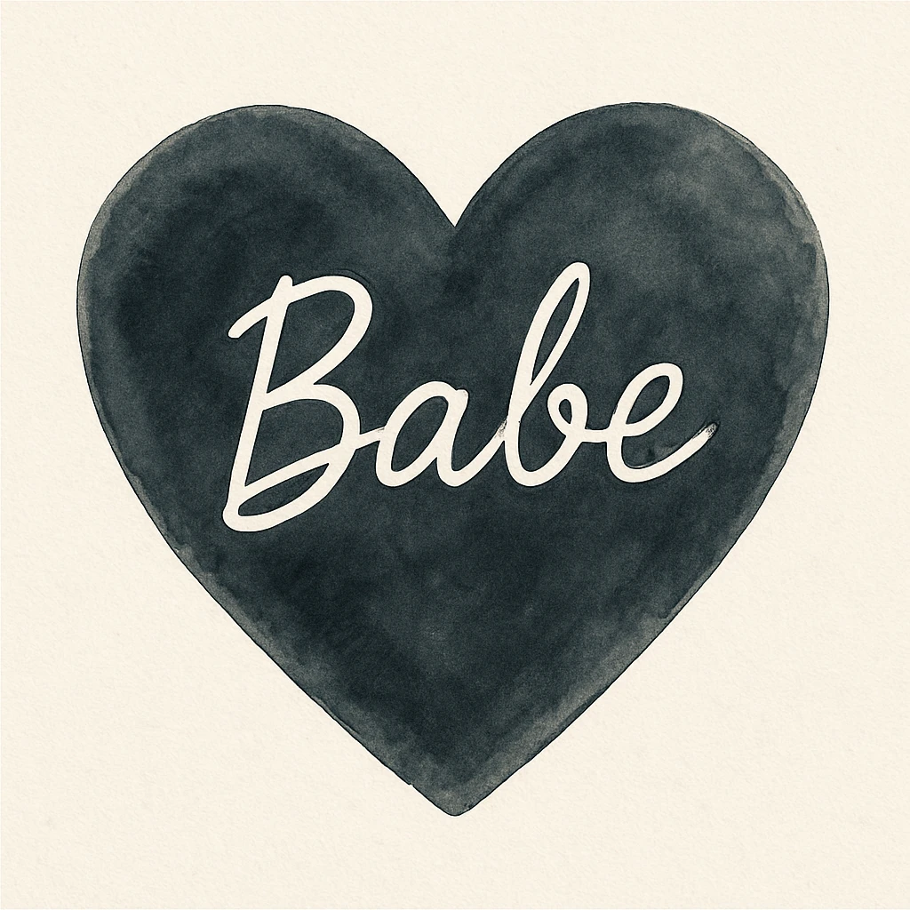 the word 'Babe' in white handwriting across a black heart, watercolor art style, high contrast emoji