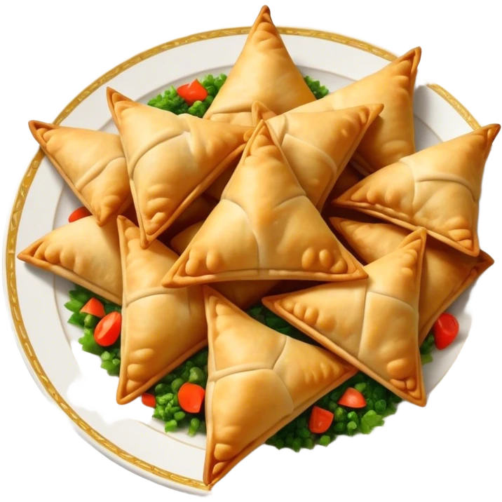 Cinematic Realistic Samosas Dish Emoji, depicted as golden, crispy pastry pockets filled with spiced vegetables rendered with detailed textures and appetizing lighting. emoji