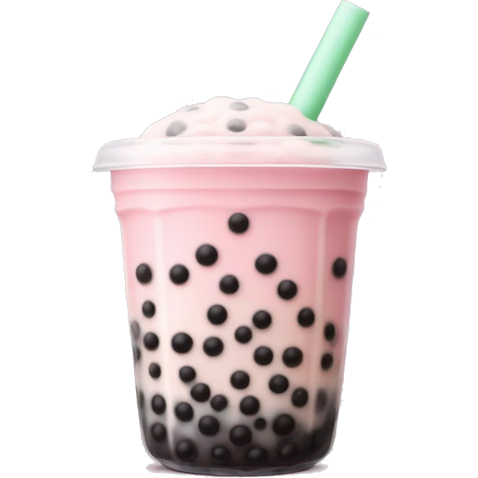 cup of boba tea with a soft pastel pink color, topped with creamy milk and filled with chewy black tapioca pearls. The drink has a smooth, sweet look emoji