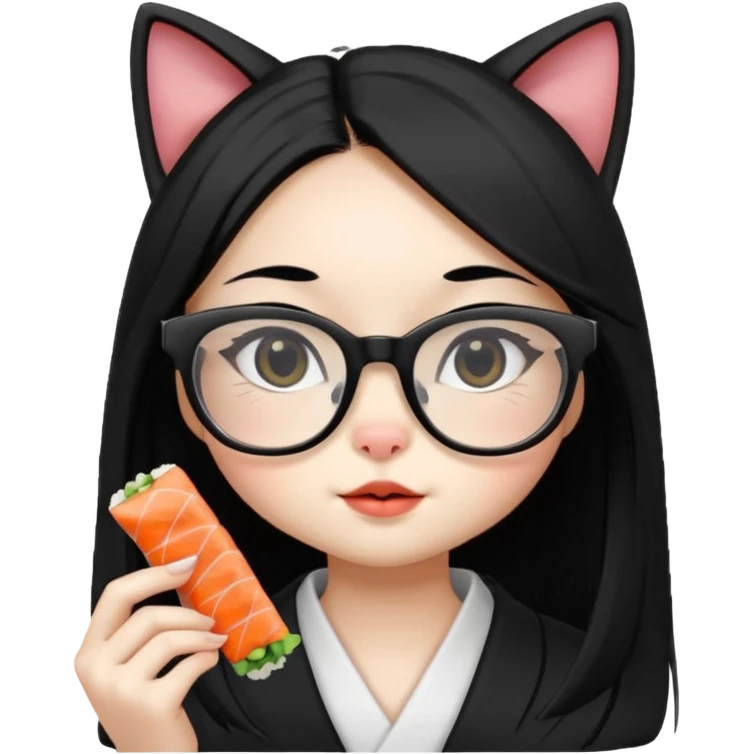 cute girl cat with long straight hair and really big square glasses with super thin frames eating sushi emoji