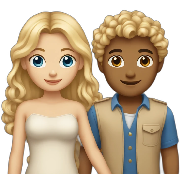 blonde girl with tan skin and blue eyes holding hands with tan boy with long curly brown hair emoji