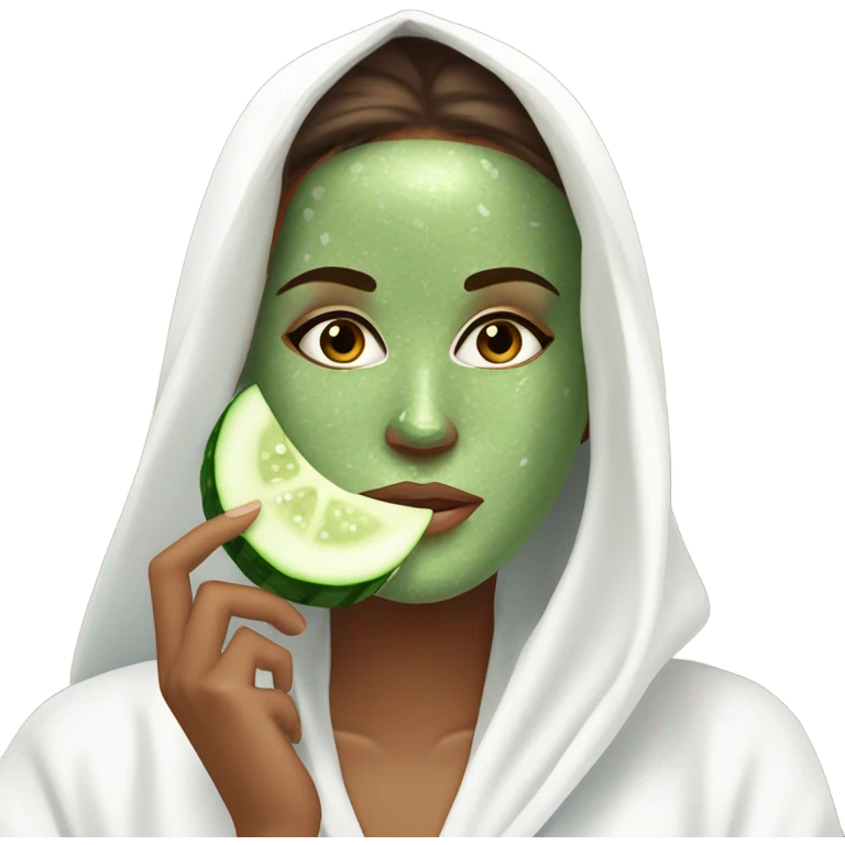 Girl with freackles Brown hair white skin and blue eyes wears Green colored texture skin care mask all over her face while She relaxes and puts two round piece of cucumber on her closed eyes In a white Robe emoji