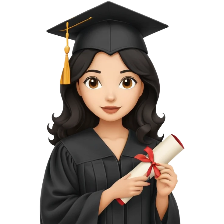 beautiful latina woman with wavy black hair wearing graduation cap and gown, holding diploma emoji