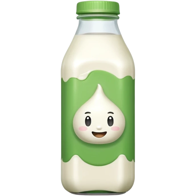 A 3D cartoon bottle of plant-based milk identical to dairy milk, small green tint or leaf mark, Memoji-style. emoji