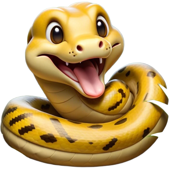 Cinematic Cute Yawning Anaconda Portrait Emoji, Head tilted slightly with a dramatic, wide-open yawn, showcasing a sinuous, scaled form with half-closed, drowsy eyes and an open, relaxed mouth, Simplified yet irresistibly adorable features, highly detailed, glowing with a soft, cozy jungle glow, high shine, relaxed yet expressive, stylized with a dash of whimsical reptilian charm, soft glowing outline, capturing the essence of a drowsy yet affectionate anaconda that appears ready to stretch out for a nap! emoji