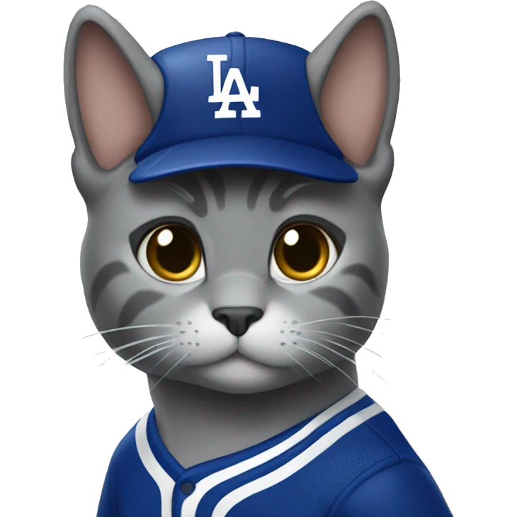 Grey Cat wearing a dodgers uniform doing a sad face emoji