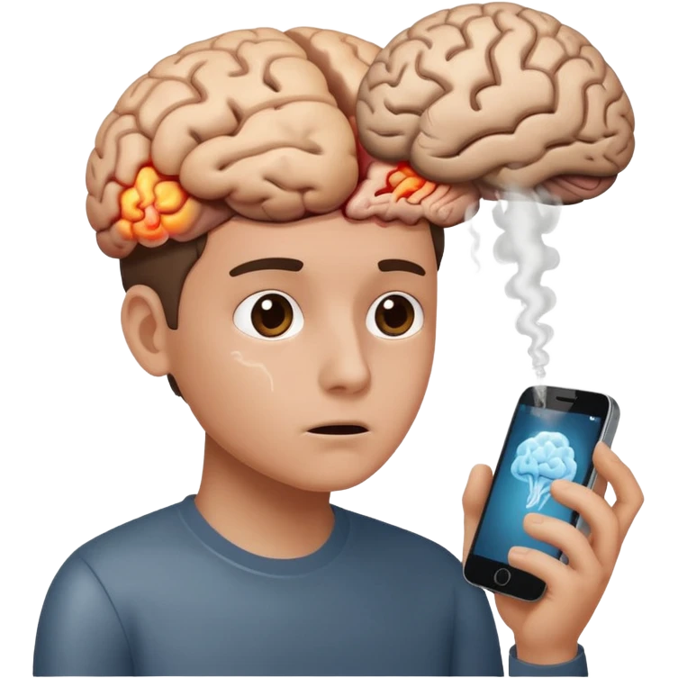 human gazing at a phone with brain melting or emitting smoke emoji