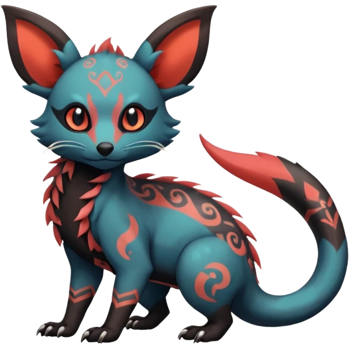 Rare warm-colored exotic cute epic aesthetic gothic colorful Salandit-Eevee-Civet-species-Fakemon-hybrid-creature, with tribal tattoo markings, full body emoji