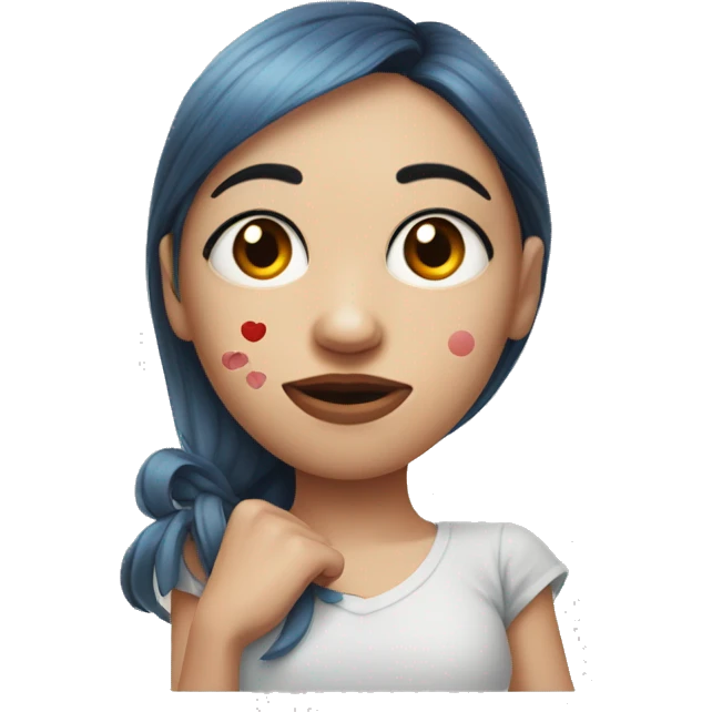cartoon woman's face with a left eye that is puffier than the right, and with arms. the right arm has a small round red tattoo wound halfway between the hand and the elbow emoji