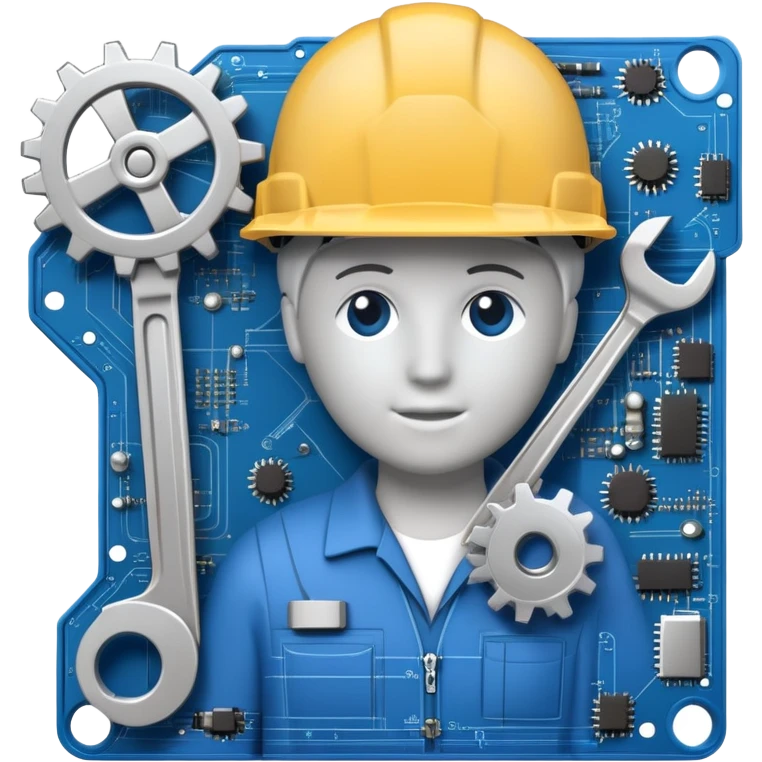 An icon featuring a gear, a wrench, and a blueprint, symbolizing engineering. The design includes a hard hat, a circuit board, and a ruler, representing problem-solving, design, and technological innovation across various engineering fields. Transparent background emoji