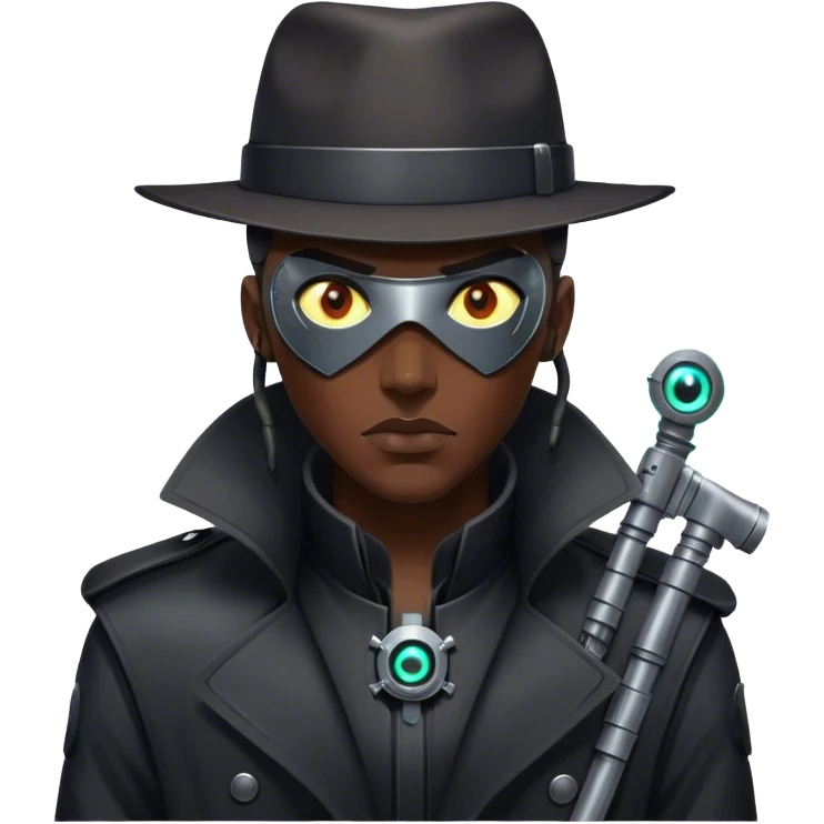 A dystopian bounty hunter, black trench coat, cybernetic eye glowing emoji