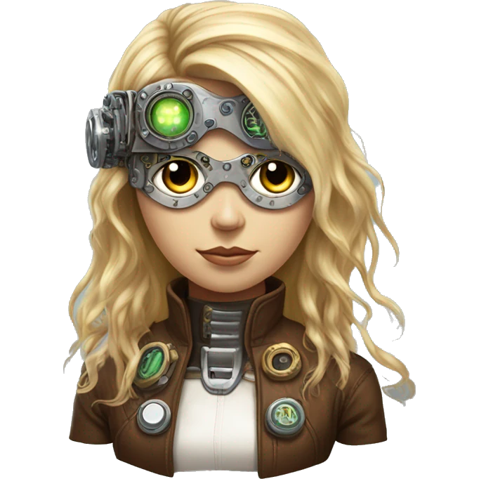 Brown long hair with blonde steaks female cyborg head, fair skin, steampunk goggles and circuits emoji