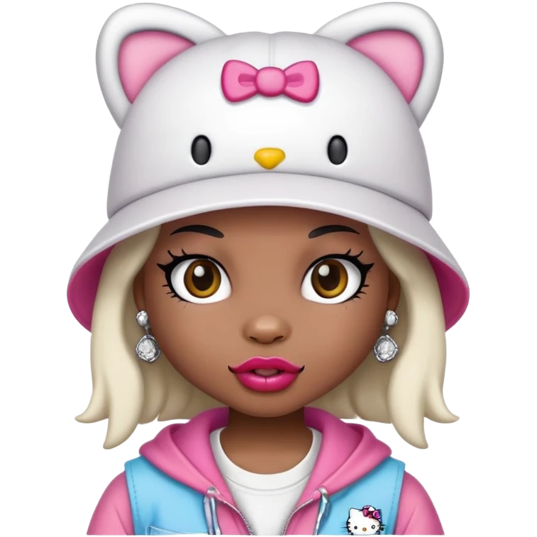 Hello Kitty with street style ghetto baggy outfit and hat showing off her grills emoji