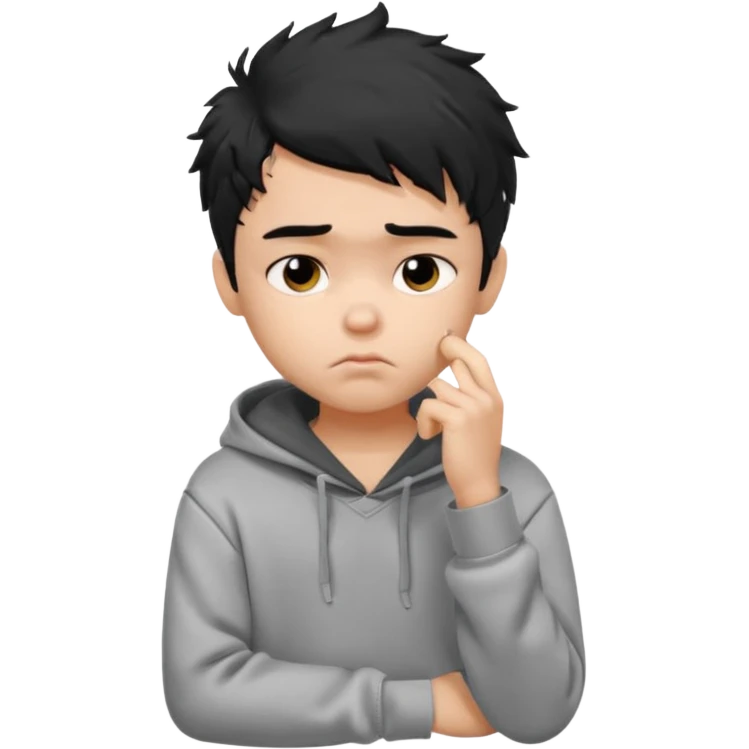 generate a pretty fair bratz boy with black messy hair looking sad with one hand on chin.  Wearing a grey hoodie emoji