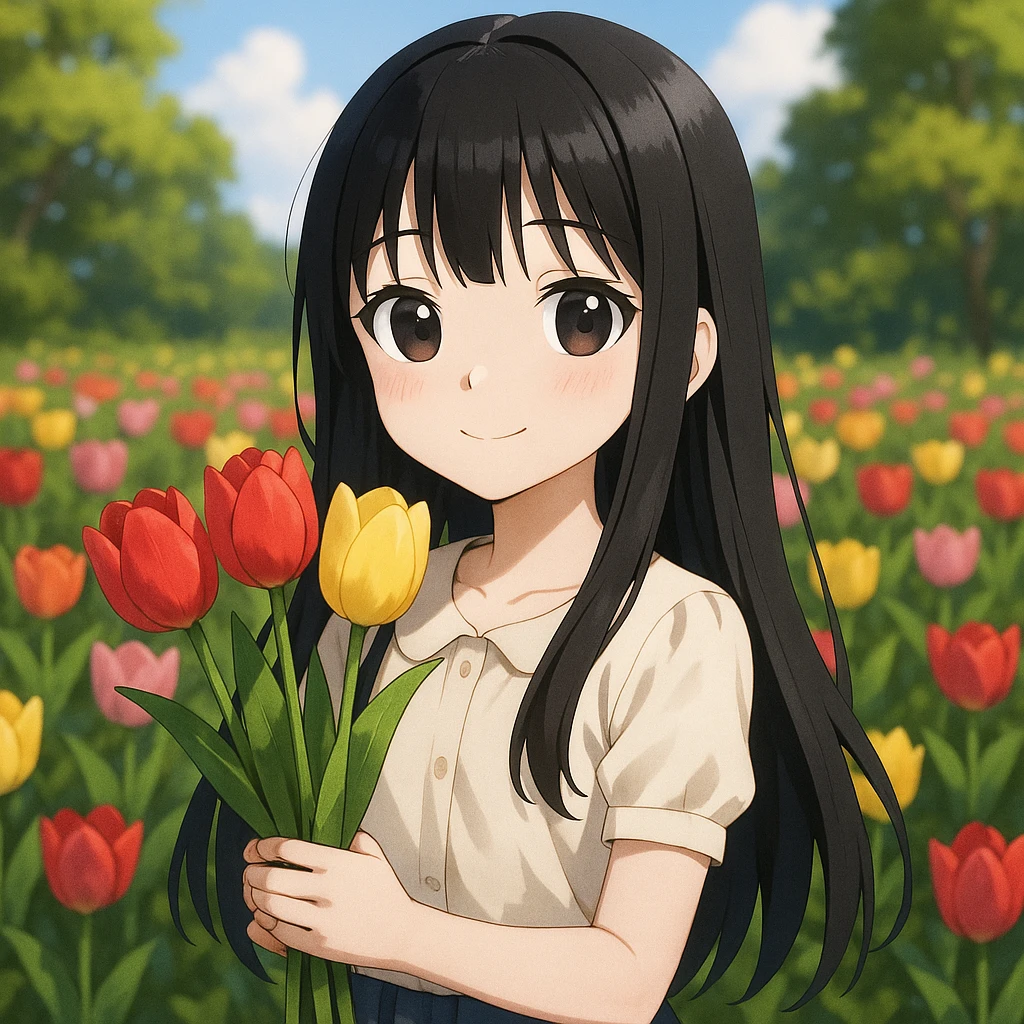 3D anime style girl with long black hair and thin bangs, holding tulips in a garden emoji