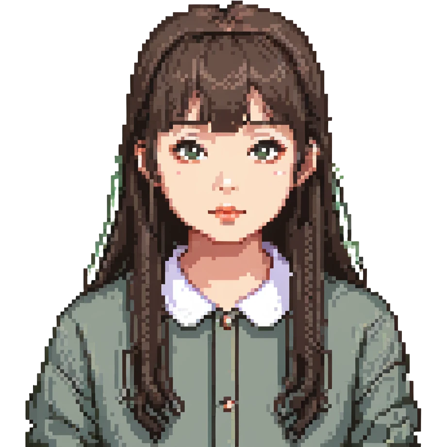 pixel art of an Asian girl, thin bangs, long hair, round eyes, no double eyelids emoji
