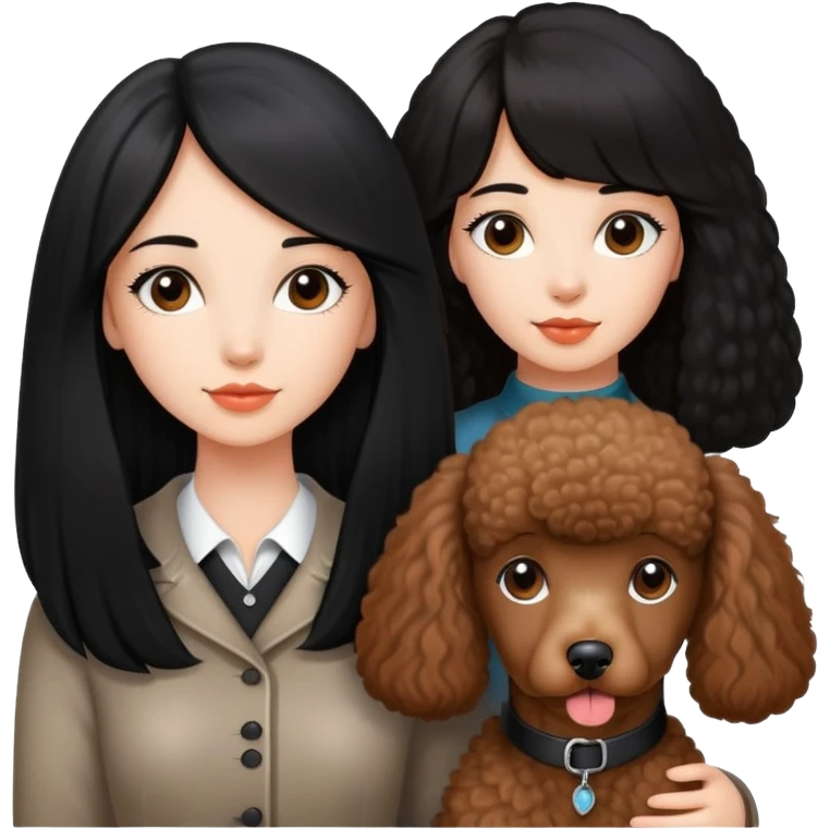A beautiful and well-behaved girl with fair skin has long straight black hair and a brown Poodle. emoji