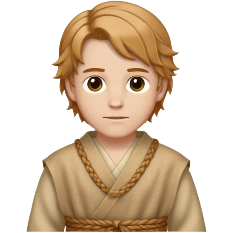 Medieval spring outfit worn by a DnD themed fantasy male character. Wheat-colored wool tunic with subtle herringbone weave pattern, cinched with a braided fabric sash. Clothes only above the waist, full waist coverage. The character has no arms. Character is white-skinned with light chestnut hair, golden brown eyes, and medium-length wavy hair. emoji