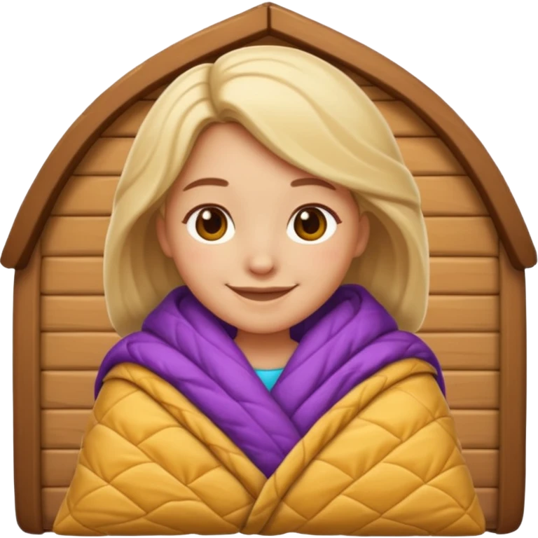 Create an iOS‑style emoji of a girl wrapped in a thick quilted blanket, smiling calmingly with a relaxed, cozy cabin vibe and soft lighting. emoji