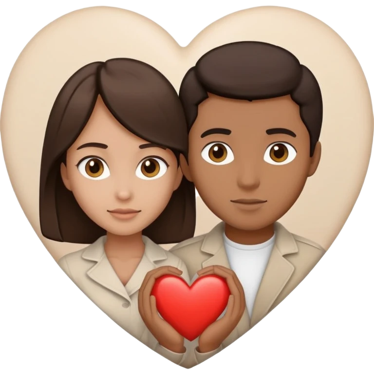 A couple with dark brown hair and mixed skin tone inside a white heart, wearing beige clothes emoji
