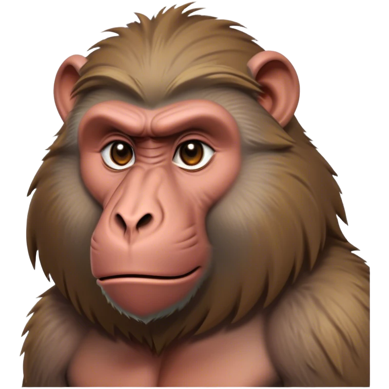 Cinematic Noble Baboon Portrait Emoji, Poised and regal, with a robust, muscular build and a richly textured Fur of earthy browns, deep-set soulful eyes with a mischievous glint, Simplified yet sharp and sophisticated features, highly detailed, glowing with a warm, dignified glow, high shine, intelligent and bold, stylized with an air of untamed urban majesty, focused and attentive, soft glowing outline, capturing the essence of a watchful and confident primate, so majestic it feels as though it could stride out of the screen with effortless authority! emoji
