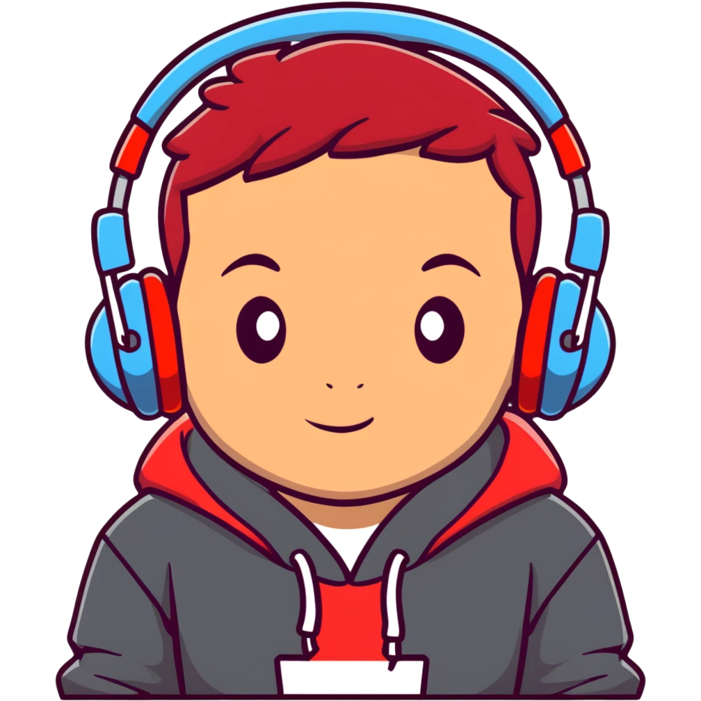 young boy with red hair, wearing headphones and a hoodie with 'woojuo' printed on the chest, cartoon cute style emoji