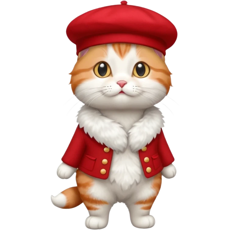 A cute cat emoji, full body, standing in side view, wearing a stylish red beret. emoji