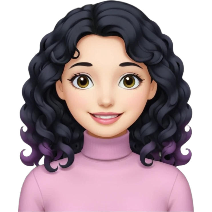 a woman with long sleeve turtle neck top and smile, her hair is long curly and the color is black, her eyes color are black and the color of her lip is soft pink emoji