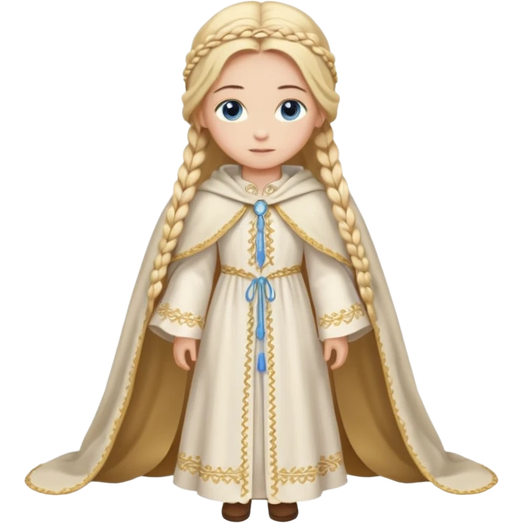 Joven de unos 20 años, de aspecto dulce y elegante.
Piel clara, ojos (pueden ser azules o verdes)
Rubio o castaño claro, largo, con trenzas o velo.
Vestido largo de tonos suaves (blanco, azul o lavanda), con bordados dorados; un manto o toca fina cubriendo la cabeza. Haz todo el cuerpo emoji