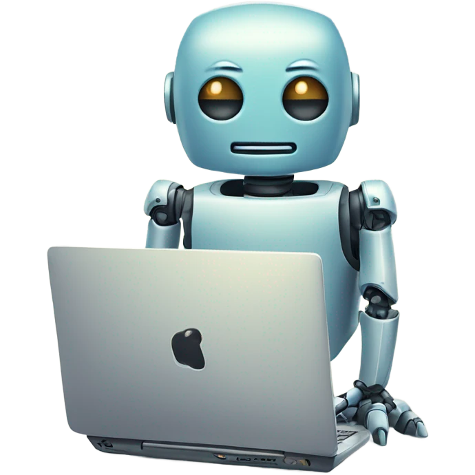 Cute robot behind computer writing code emoji
