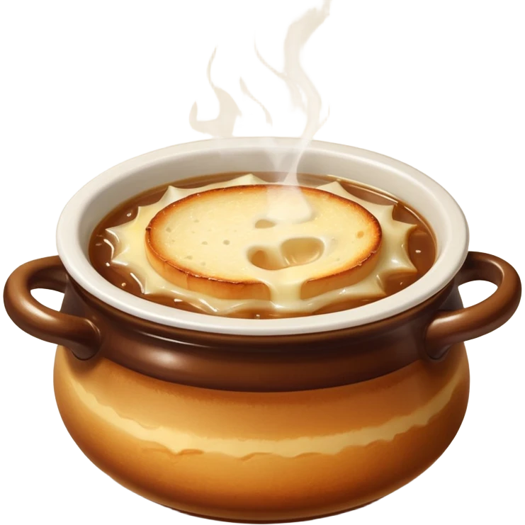 french onion soup in a bowl, melted cheese on top, golden croutons, steam rising emoji