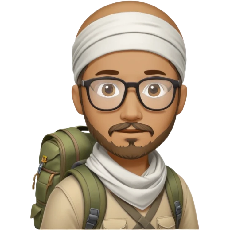adventurer with goatee beard (no beard on cheeks), short hair, glasses, bandana on head and backpack emoji