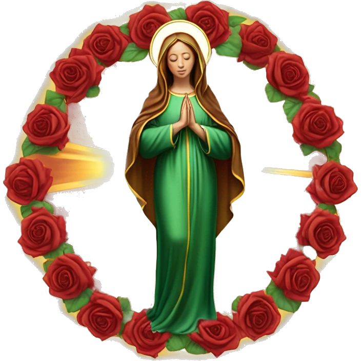Virgin Mary: kind face looking down at the left, long brown hair, Wearing an emerald green  robe with gold stars and a burgundy red dress,  Hands in prayer or blessing. Halo around her head. standing in front of a big sun. colorful roses on the sides  emoji