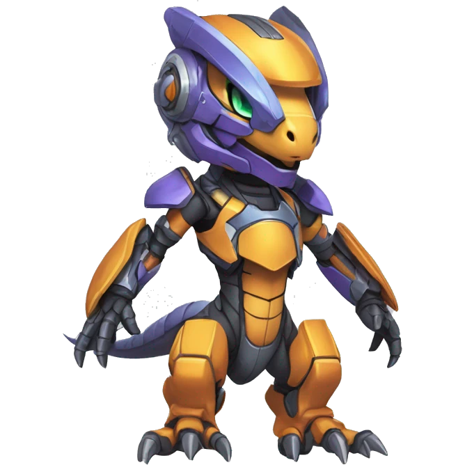Colorful Edgy Chibi Greymon-Velociraptor-Genesect-Fakémon-Pokémon wearing a with a futuristic visor-helmet And Mecha-suit Full Body emoji