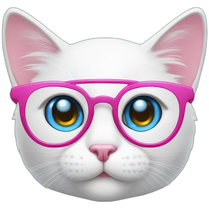 White cat with blue eyes, pink glasses and smile emoji